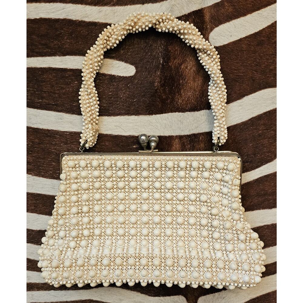 Vintage Lemured 1950s Corde Bead Kiss Lock Ivory Hand Bag Purse